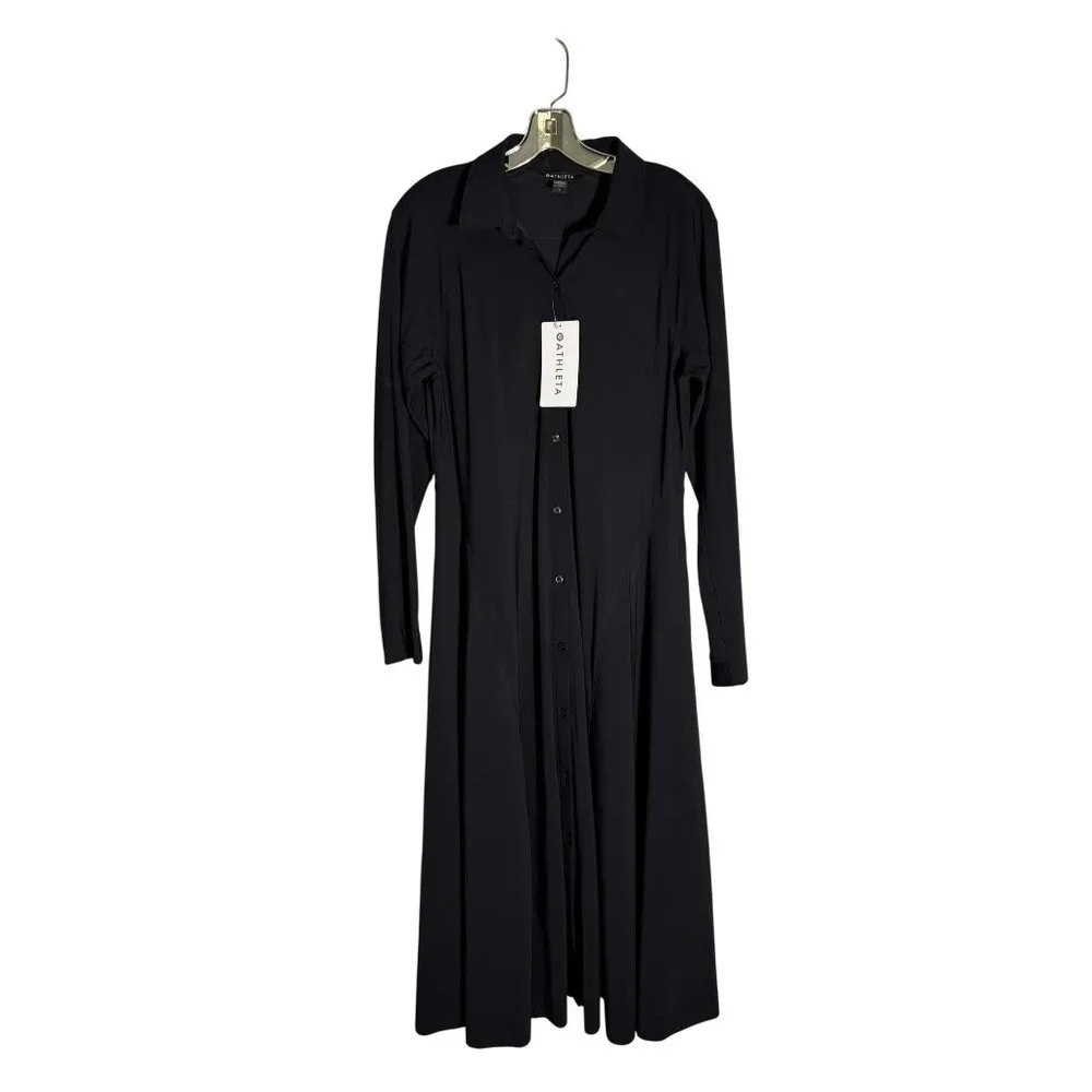 Athleta Black Midi Shirt Dress W/ Collar & Long Sleeves Button Front Size M - Picture 3 of 14